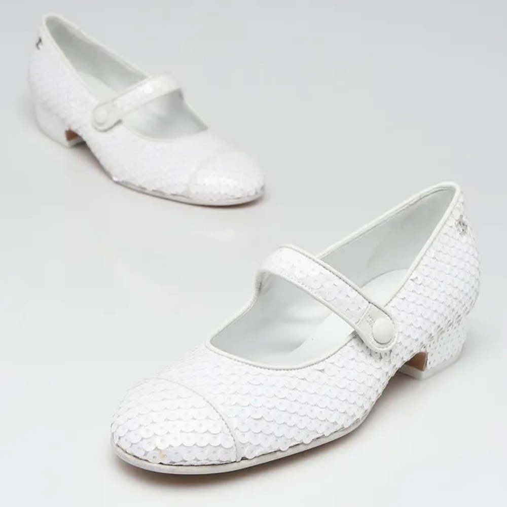 Chanel White Sequin Mary Janes